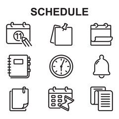 A collection of schedule icons. Vector line style. Contains icons such as calendars, clocks, and more.