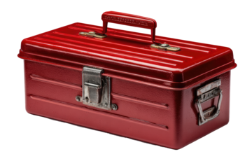 Red metal toolbox with handle and latches