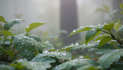 Sparkling dew drops adorn lush green leaves in a misty forest setting, creating a serene, calming atmosphere perfect for nature, wellness, or environmental projects