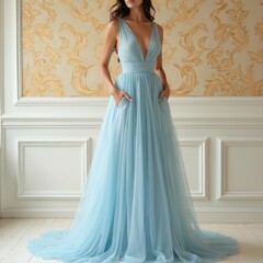 Fototapeta premium Stylish woman poses in long light blue dress with deep neckline. Pretty brunette keeps her hands in pockets. Fashionable girl is ready for gala dinner. Promo for dress boutique or designer.