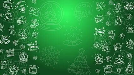Doodle winter holiday icons line art seamless pattern on a green background.
