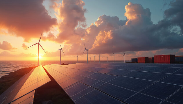 Wind turbines and solar panels gleam under a vibrant sunset. Shipping containers wait near the sea. Renewable energy infrastructure operates. - Powered by Adobe