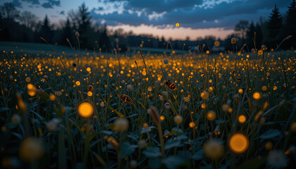 Enchanting glow of fireflies dances across a lush summer meadow at twilight, evoking a sense of wonder and tranquility, perfect for nature lovers and magical themed projects