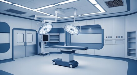 Modern sterile operating room with surgical lights and examination table illuminated by bright overhead lighting creating a clean and advanced medical environment