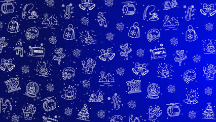 Doodle winter holiday icons line art seamless pattern with particles on a blue background.