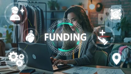 Financing Future Health: Researching Medical Funding Options. Woman Looks Closely at an Interactive Screen Displaying 'FUNDING,' Heart, and Gear Icons. - Powered by Adobe