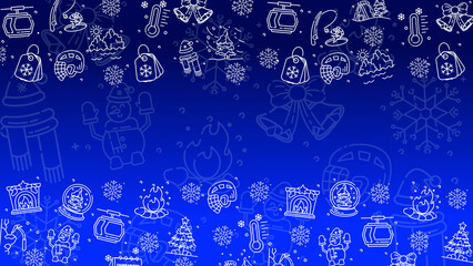 Doodle winter holiday icons line art seamless pattern on a blue background