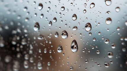 Macro shot of water droplets on transparent glass surface, soft natural daylight, blurred background with neutral tone
