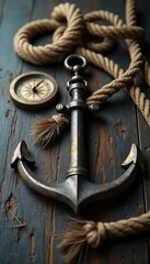 Nautical anchor and compass rest on weathered wood plank surface. Thick rope lies coiled nearby. Maritime theme, vintage seafaring elements are arranged. This image evokes adventure and exploration.