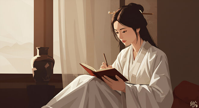 Elegant woman in traditional attire thoughtfully writing in her journal bathed in soft light, creating a moment of serene contemplation and artistic expression
