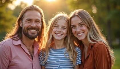 Happy family smiles at park in summer day. Father mother and daughter cuddle outdoors. Cheerful people express joy on vacation. Family spend time together in nature.