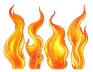 Four stylized flames in vibrant red, orange, and yellow hues
