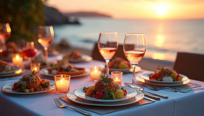 Table set for romantic dinner on beach at sunset. Plates of food, wine glasses, and candles create a fine dining atmosphere overlooking the sea. Couples enjoy vacation meal with ocean view.