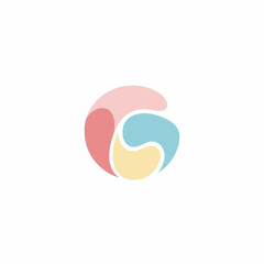 Abstract circular logo with three colorful swirling shapes.