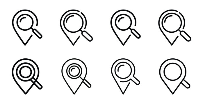 Location search icons set. find place map pointer with magnifying glass.