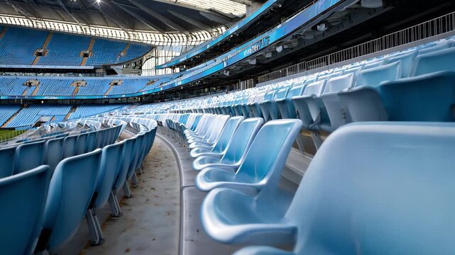 Empty stadium seating with blue chairs and a field in the background, 4k video