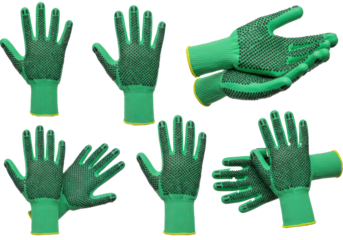 Dynamic collage of high-visibility protective work gloves with non-slip grips on a transparent background. Concept of workplace safety and utility