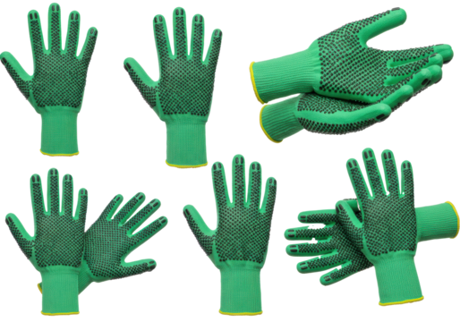 Dynamic collage of high-visibility protective work gloves with non-slip grips on a transparent background. Concept of workplace safety and utility