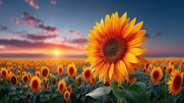 A field of sunflowers at dawn, with one central flower highlighted by a divine ray of sunlight piercing through the morning haze.