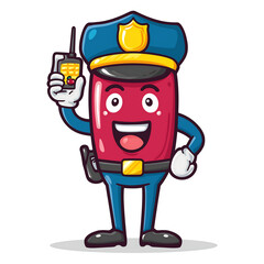 Fototapeta premium Cartoon policeman with hat and walkie-talkie in cheerful, cute style on white background