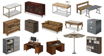 Isometric furniture collection illustration showcasing a variety of home and office furnishings