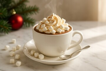 White Ceramic Mug of Hot Cocoa with Steam and Holiday Decorations 