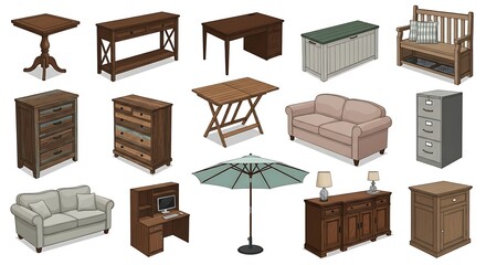 Diverse furniture arrangement featuring living, dining, and outdoor pieces on display.