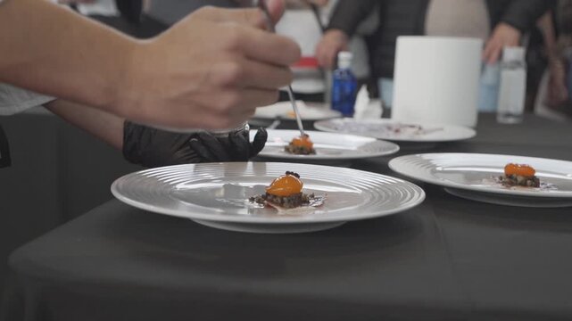cooking competition at a food fair, featuring ham and caviar