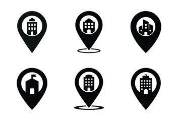 Building location map pins and markers with various structures