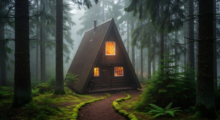 Moody A-frame cabin with warm glowing windows nestled deep within a mysterious, foggy blue forest