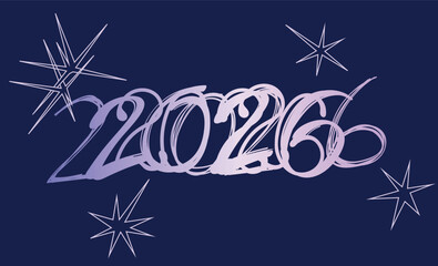 A cheerful vector abstract illustration featuring whimsical, hand-drawn lettering spelling out "2026". This vibrant, festive graphic is perfect for New Year's cards, holiday social media banners