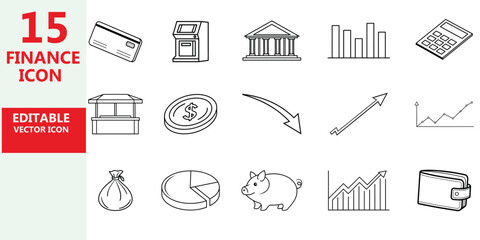 Finance Line Art Vector Icon Set – Money, Banking, Investment, and Business Outline Symbols