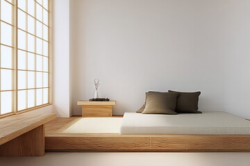 Japanese Zen minimalist bedroom interior: tatami platform, shoji screen, and mattress, empty white wall background for mockup or home decor.