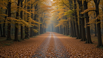 Enchanting autumn drive with golden leaves and misty atmosphere, perfect for travel blogs, fall promotions, and seasonal designs, promising serenity and visual splendor