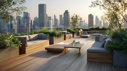 Urban rooftop garden: modern outdoor furniture, wooden deck, green plants, and cityscape view.