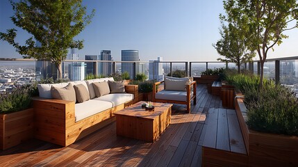 Luxury rooftop garden terrace: modern wooden furniture and green plants overlooking the city skyline. Urban oasis, lifestyle, and real estate concept.