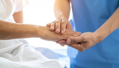 Close up of Senior's Hand Being Held by Caregiver in Blue Uniform Offering Compassion and Support Against Soft White Background
