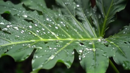 Closeup of vibrant green tropical plant leaves adorned with glistening raindrops showcasing natures beauty and freshness after a gentle shower perfect for themes of growth and vitality.