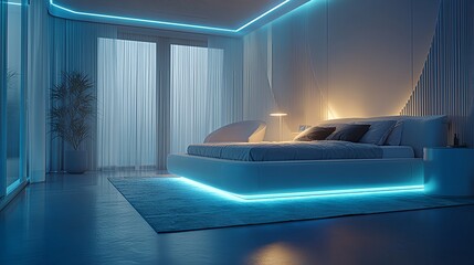 Futuristic bedroom interior: blue LED ambient light and minimalist style. Modern smart home concept.