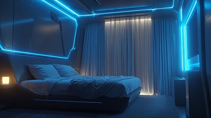 Futuristic bedroom interior design: blue neon line lighting, modern smart home or luxury high-tech hotel room.