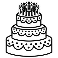 Illustration of a threetiered birthday cake with candles, , perfect for celebrations