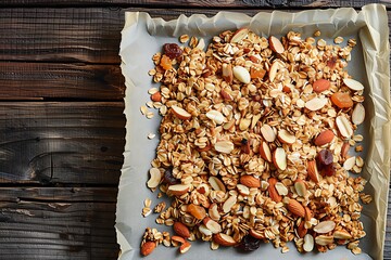 Homemade baked granola with oats, nuts, and dried fruit on parchment paper. Top view on rustic wooden background, healthy breakfast or snack concept.