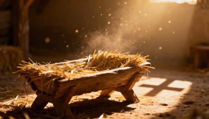 A rustic wooden manger in a stable representing the nativity scene. A cross shadow symbolizes the birth and sacrifice of Jesus Christ, a concept of Christian faith