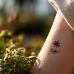 Obraz premium Tranquil Mini Oasis: Nape Tattoo Design on Real Skin Featuring Circle Palm, Dune Arc, and Quiet Rest