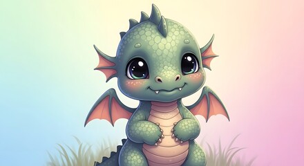 A cute baby dragon sits on soft grass and smiles sweetly against a pastel background, creating an adorable fantasy illustration perfect for children’s books, stickers, and digital art collections.
