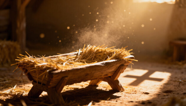 A rustic wooden manger in a stable representing the nativity scene. A cross shadow symbolizes the birth and sacrifice of Jesus Christ, a concept of Christian faith