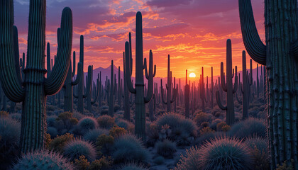 Stunning sunset illuminates a desert landscape filled with saguaro cacti, creating a vibrant and inspiring southwestern scene, perfect for travel, nature, or adventure themes