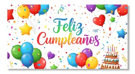 A colorful birthday celebration scene shows vibrant balloons, confetti, and a delicious cake with candles, creating a cheerful and festive atmosphere perfect for party invitations, greeting cards, or 