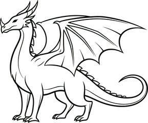 Stylized dragon side-profile illustration with wings, horns, and spines, black-and-white vector design for fantasy and mythology concept