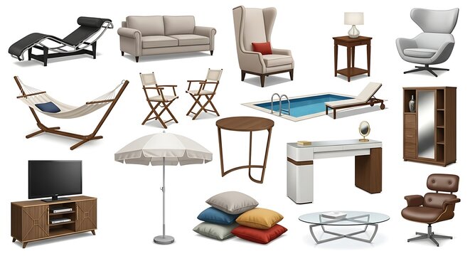 Diverse collection of furniture and outdoor living elements on white background - Powered by Adobe